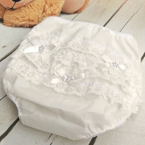 Baby Girls Ivory Diamante Bow Frilly Lace Knickers
